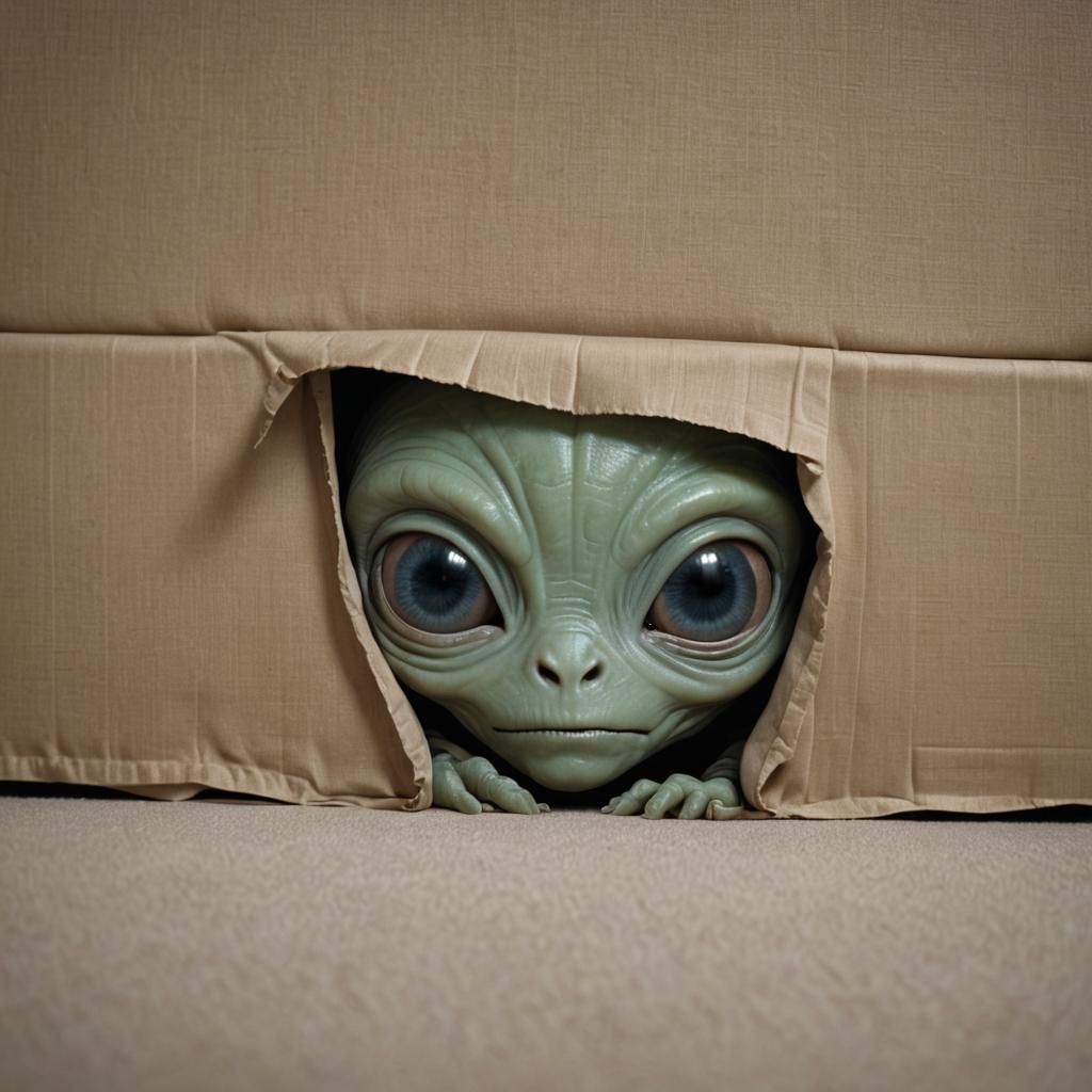 Cuddly Alien Peeking from Under Bed: Realistic Photo