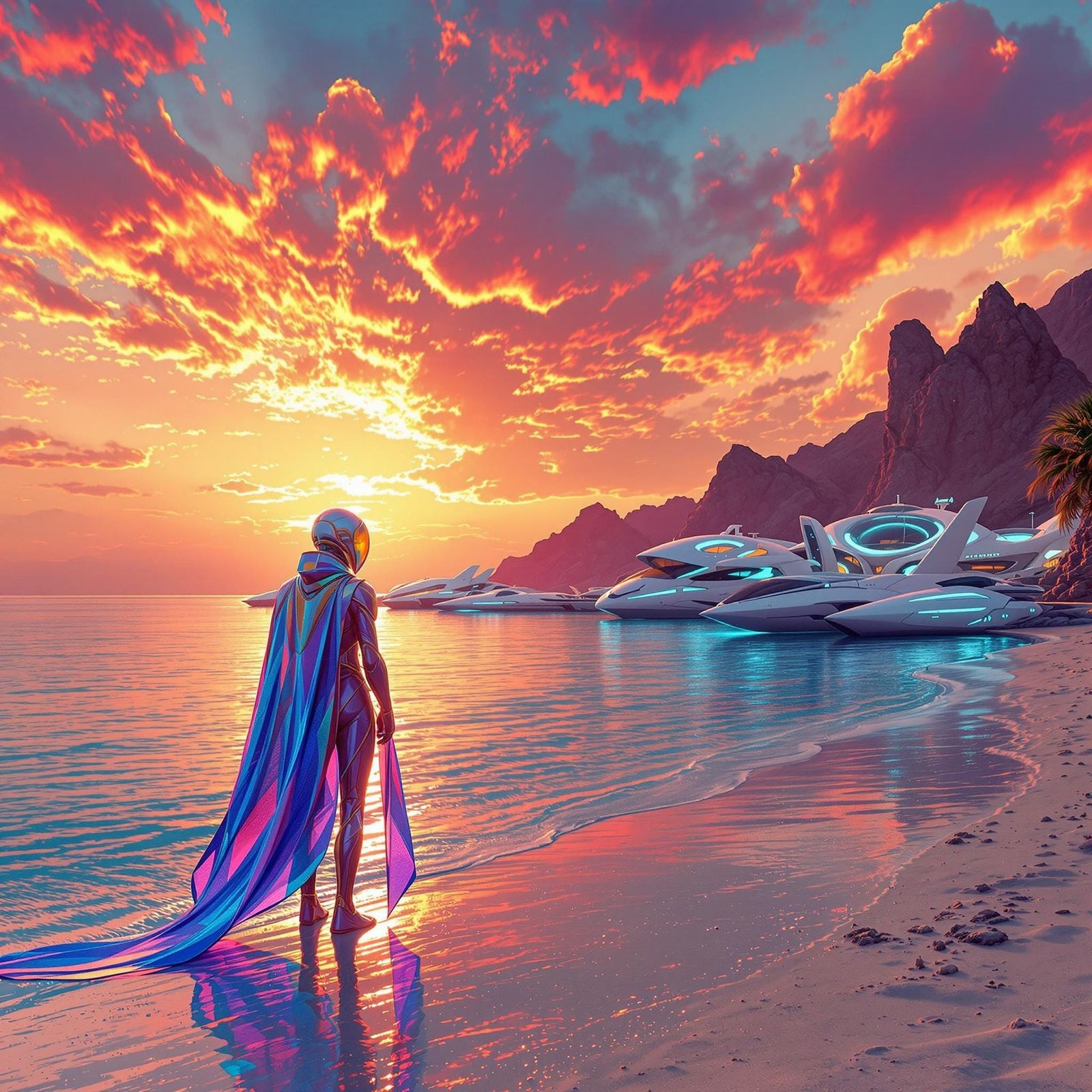 Surreal Sunset on Alien Beach with Futuristic Watercraft and...