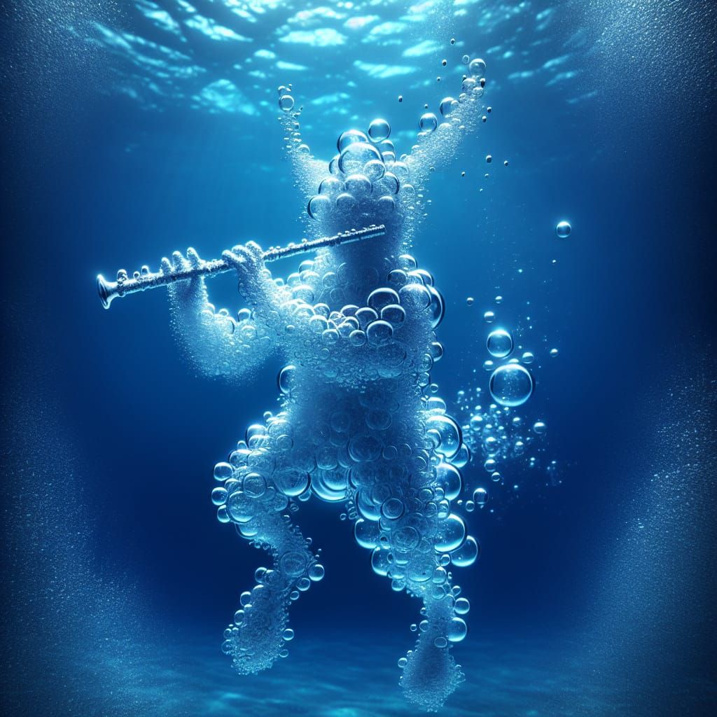 Underwater Satyr Made of Bubbles Playing Flute