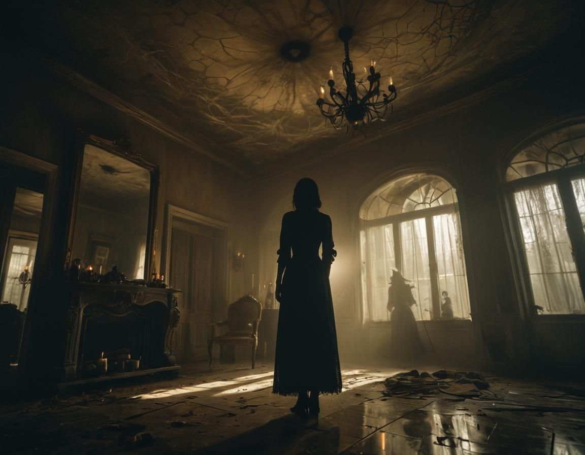 Eerie Mansion Reflection: Cinematic Witch Portrait