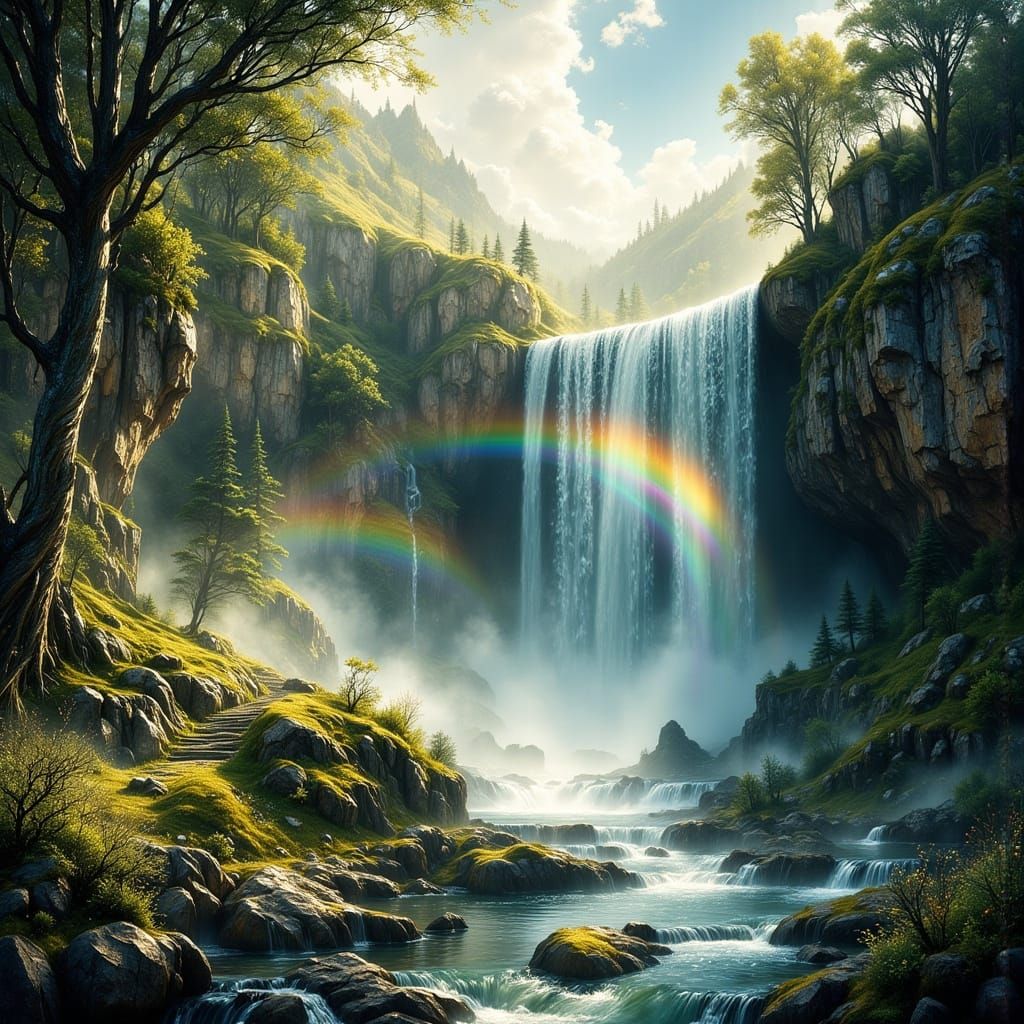 Rainbow Mist Over Waterfall in Epic 3D Game Style