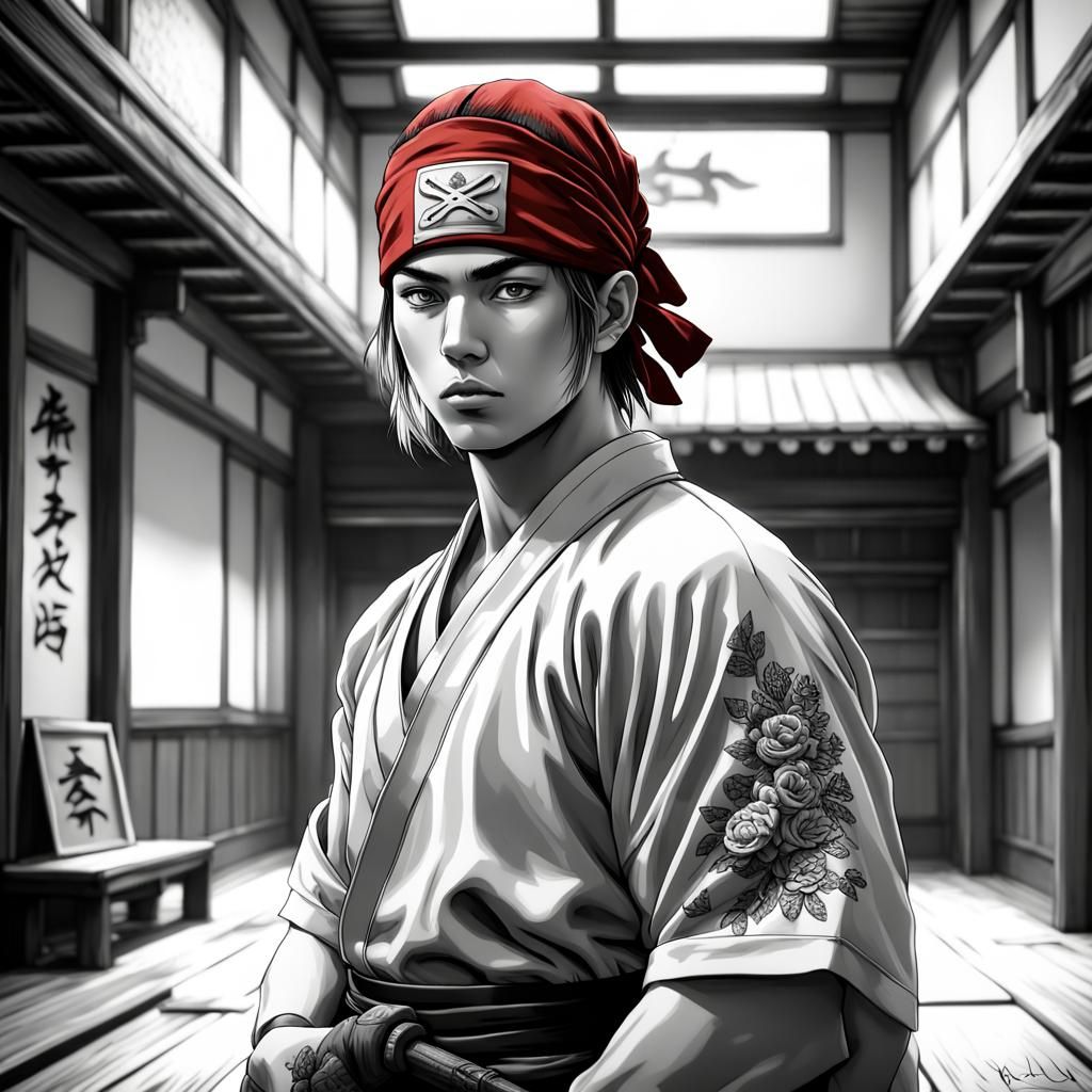 Anime Ninja in Dojo: Black and White Film Aesthetic