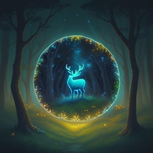 Luminous Starlight Stag in Dreamy Watercolor Forest