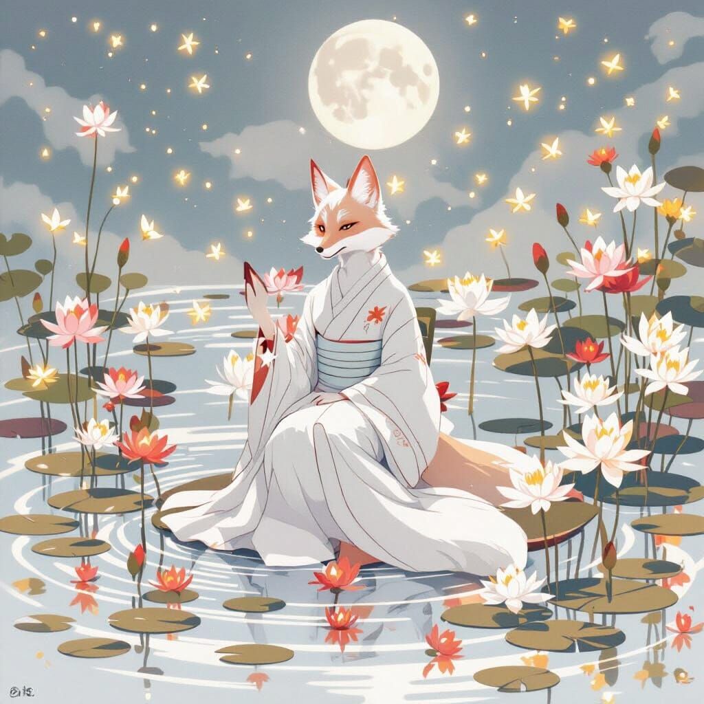 Fox Spirit on Lily Pad in Dreamlike Lake