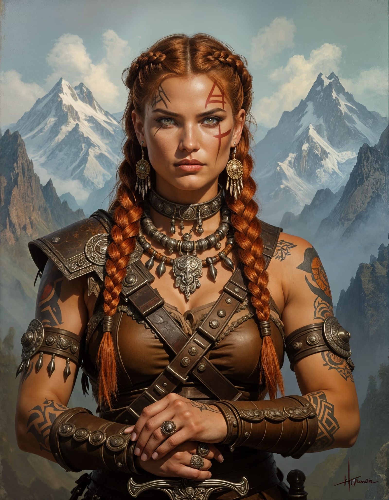 Fierce Mountain Huntress Portrait in Oil Painting