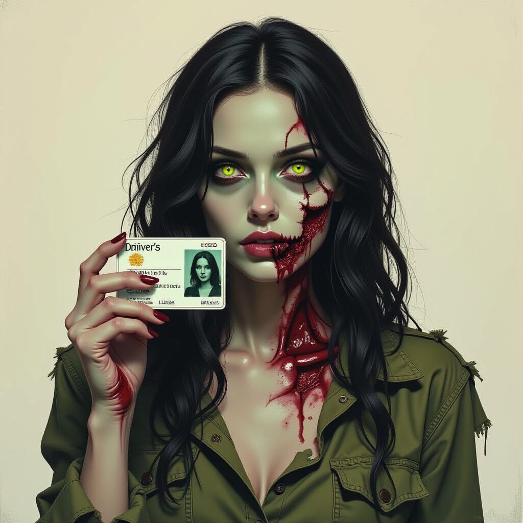 Attractive Zombie Woman Shows Driver's License in Surreal Pa...