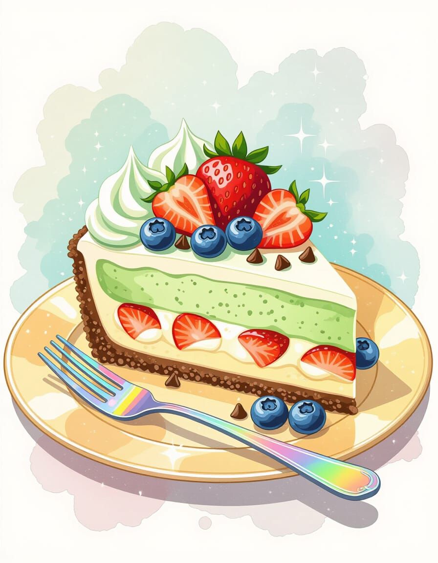 Matcha Cheesecake Slice with Fruit in Surreal Folk Art Style