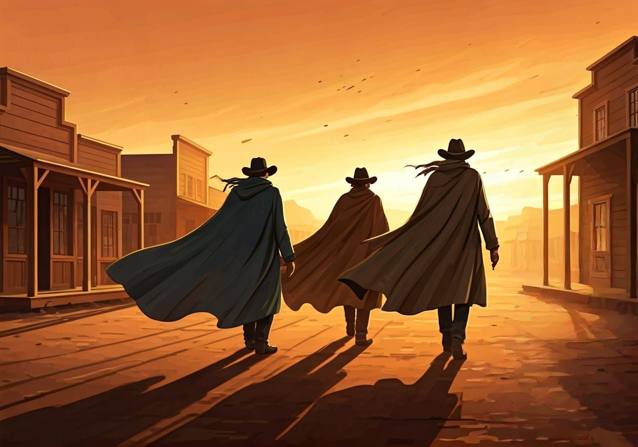 Gunslingers Stroll Down a Windswept Western Street