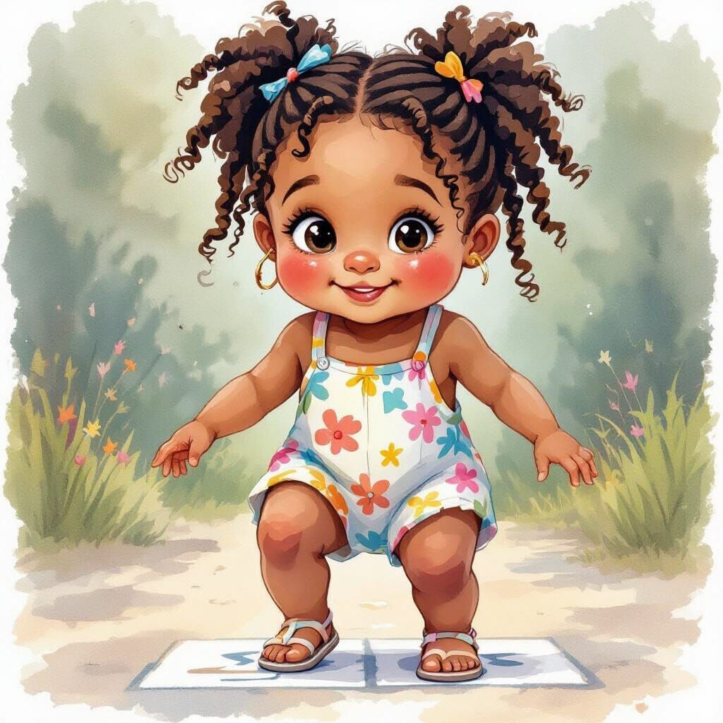 Happy Girl Playing Hopscotch, Expressive Watercolor Painting