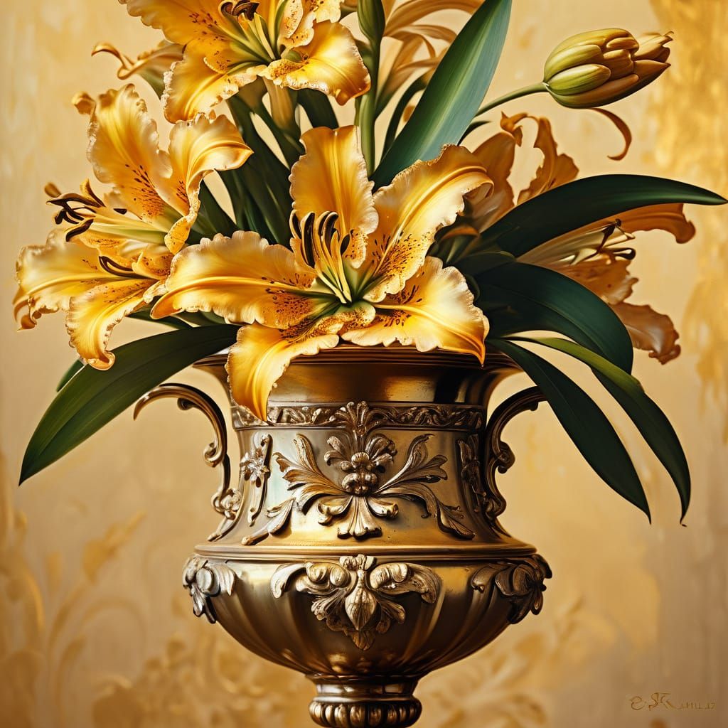 Baroque still life. Close up. A gilded lily in a ornate vase...