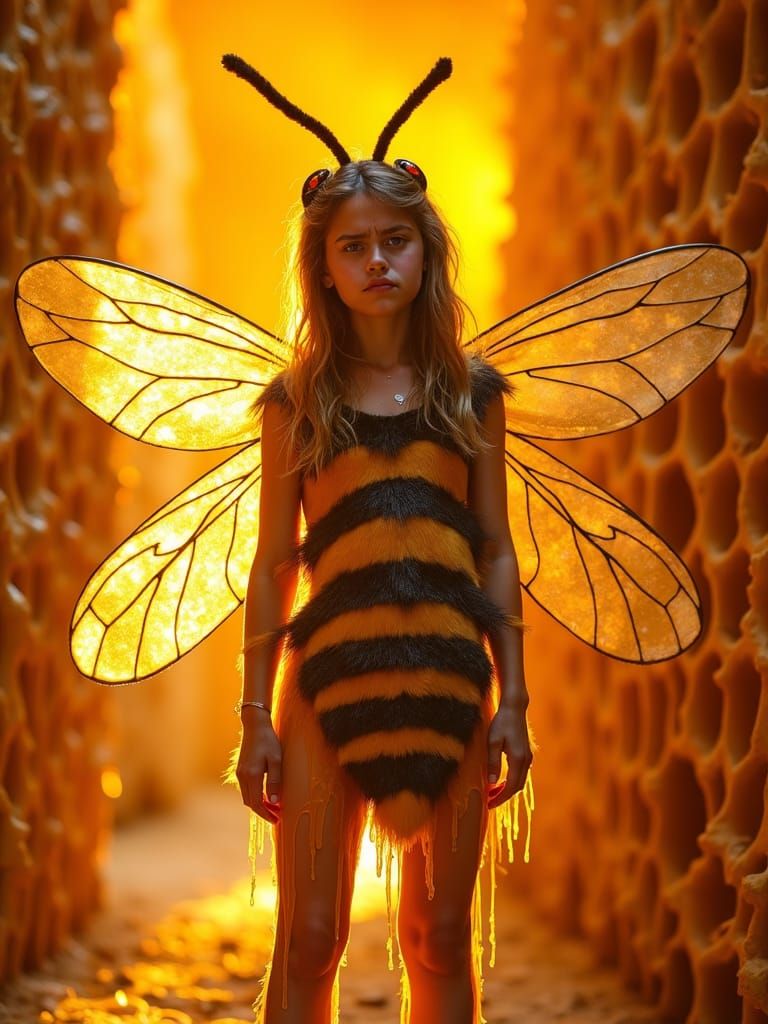 Annoyed Woman in Bee Costume Covered in Honey