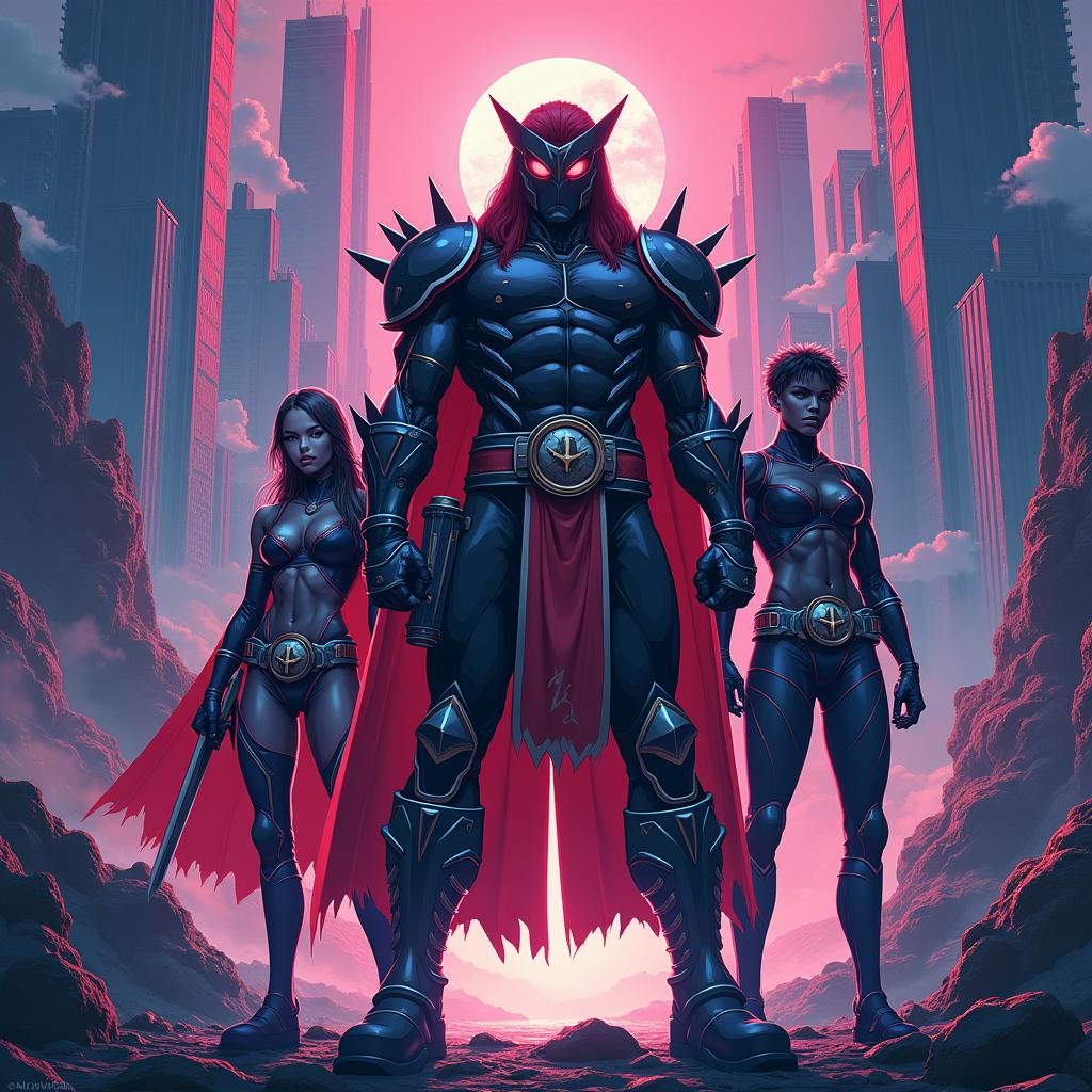 Rock Warriors in a Vibrant Anime Metropolis