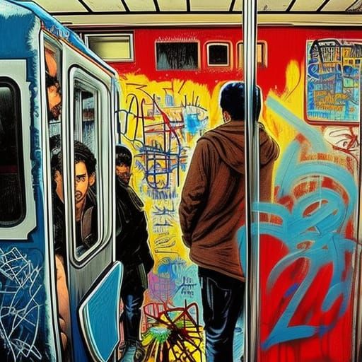 Basquiat-Style Graffiti Art in Crowded Subway