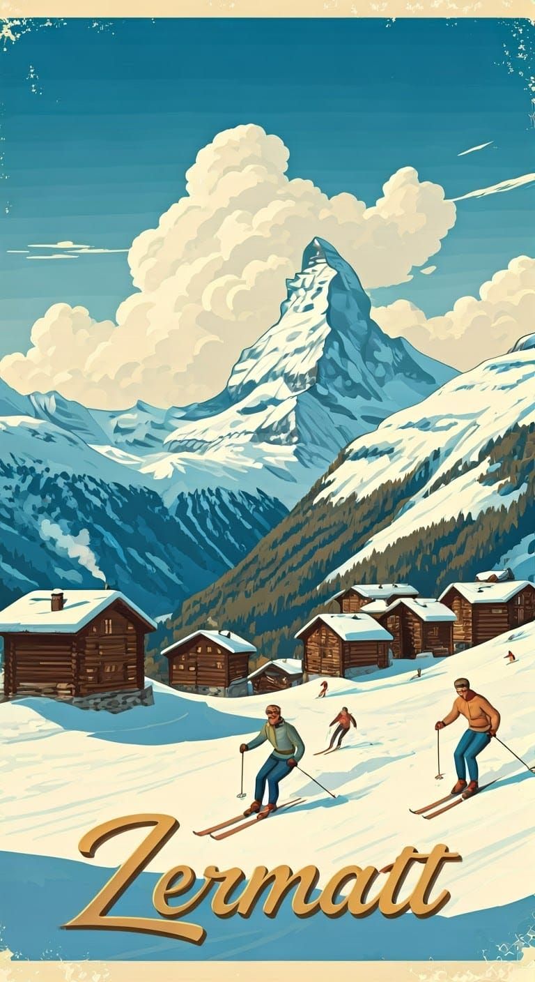 Vintage Zermatt Travel Poster with Skiers and Chalets
