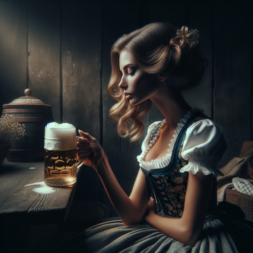 Woman in Dirndl Sipping Beer: Hyper-Realistic Portrait