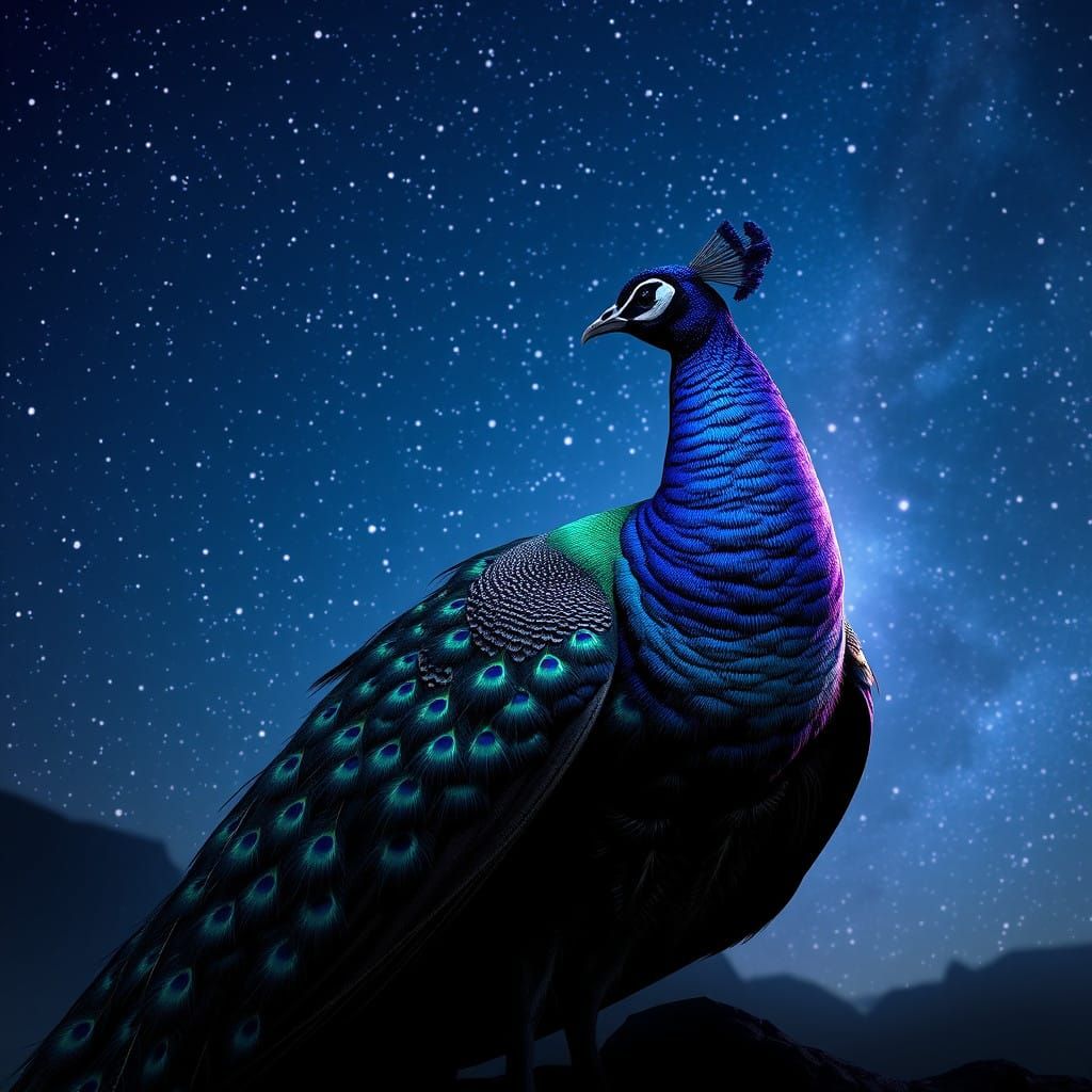 Majestic Peacock Radiates Starlight under the Indigo Night S...