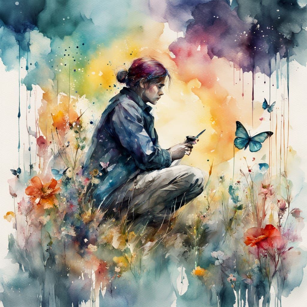 Dreamlike Solar System Meadow in Watercolor Style