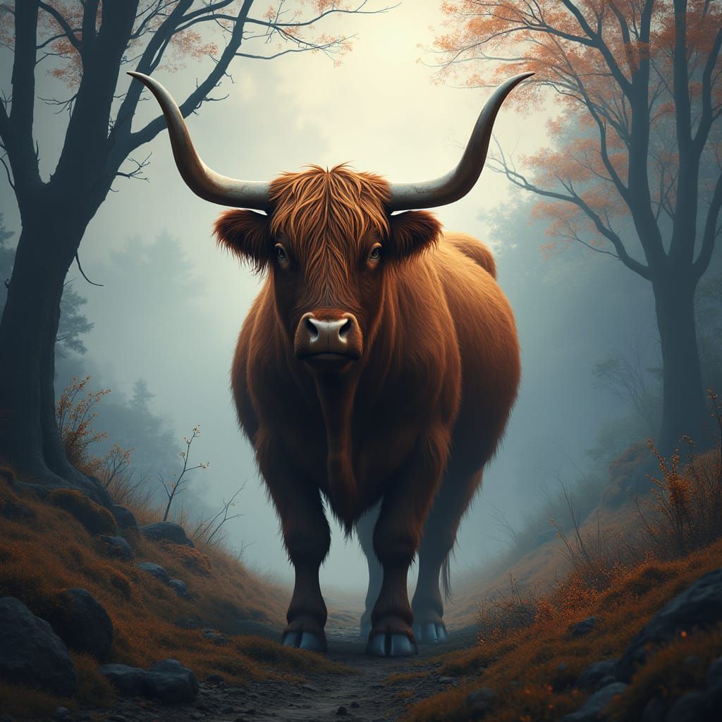 Majestic Highland Cow in Whimsical Fantasy Landscape