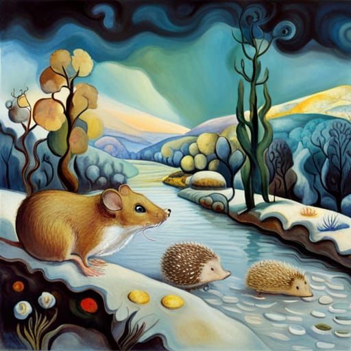 Mouse Rides Hedgehog on Winter River, Surreal Art