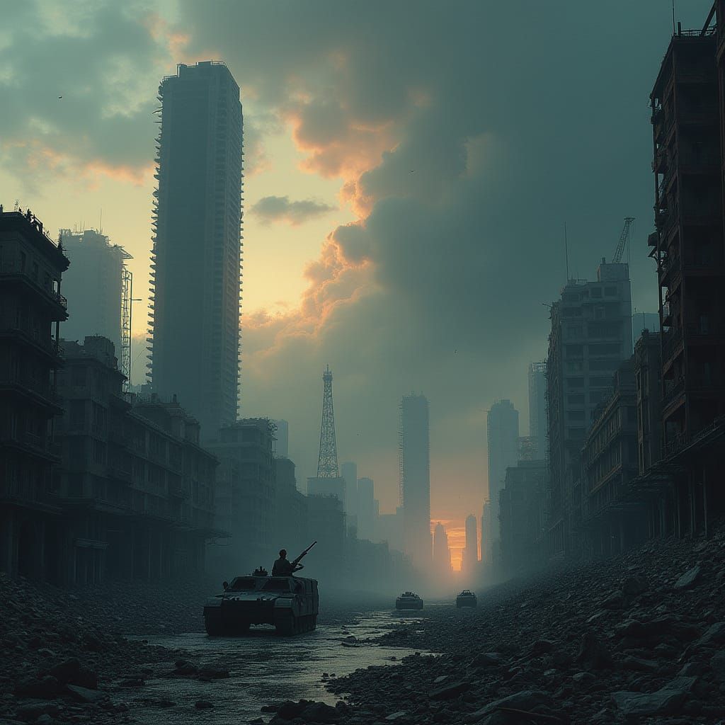 Post-Apocalyptic Cityscape in a Gritty, Realistic Style