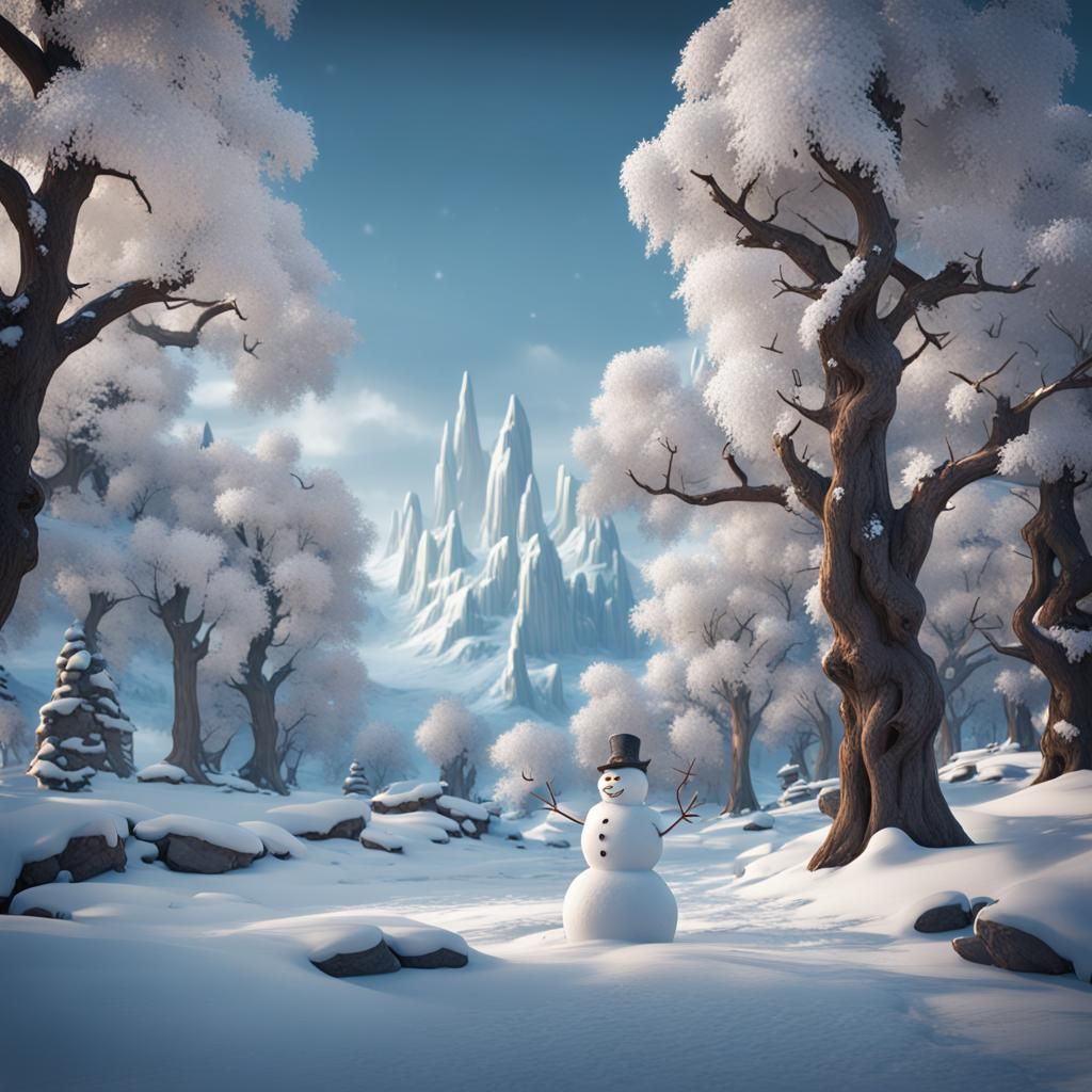 Winter Landscape with Snowman in Detailed Matte Painting