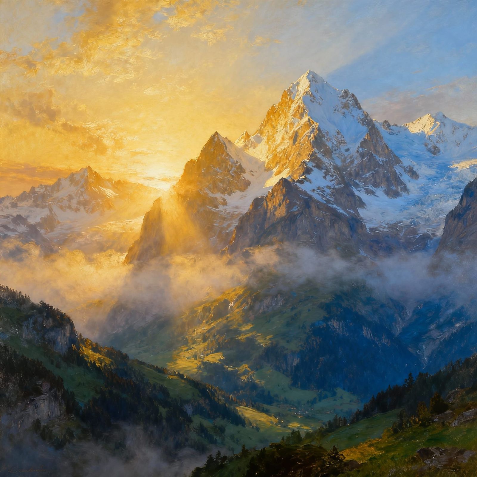 Golden Sunrise Over Misty Swiss Alps