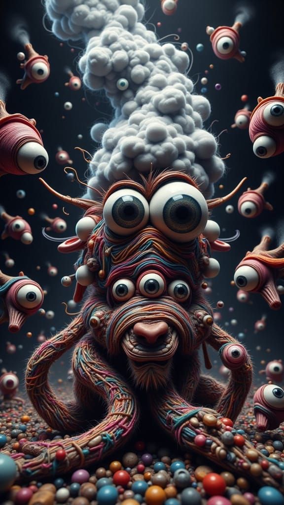 Yarn Creature Knitting a Storm in Surreal Dreamscape