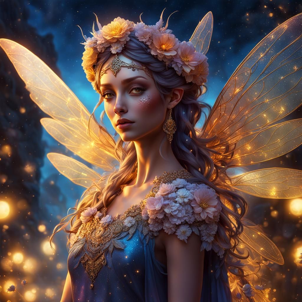 Luminescent Fairy in Moonlight, Hyperrealistic Digital Art
