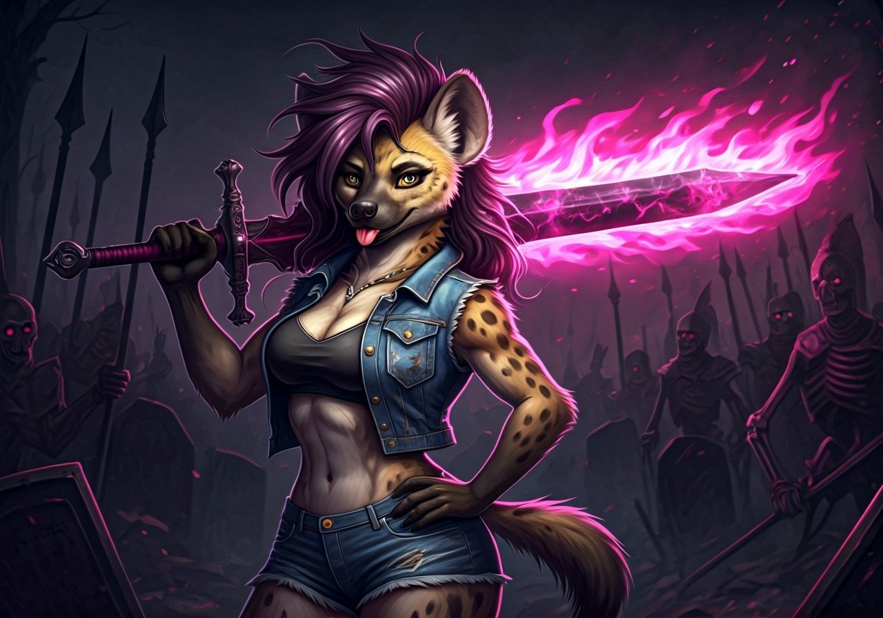 Dark Fantasy Hyena Warrior in Fiery Graveyard