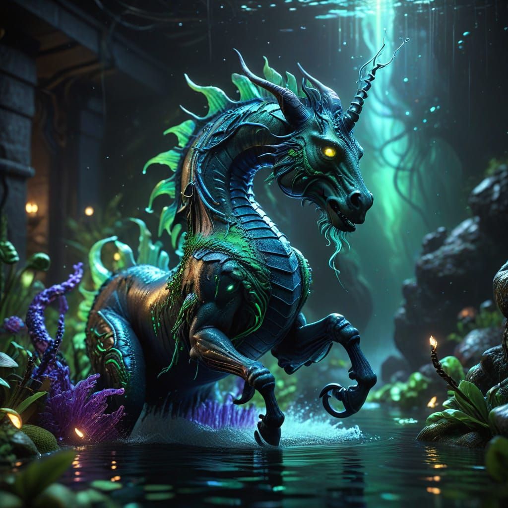 Vengeful Hippocampus Rises from the Abyss in Dark Fantasy Sc...