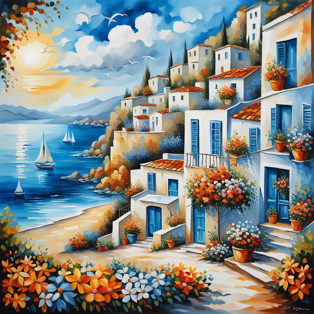 Greek Coastal Houses: Watercolor Painting with Sailboats