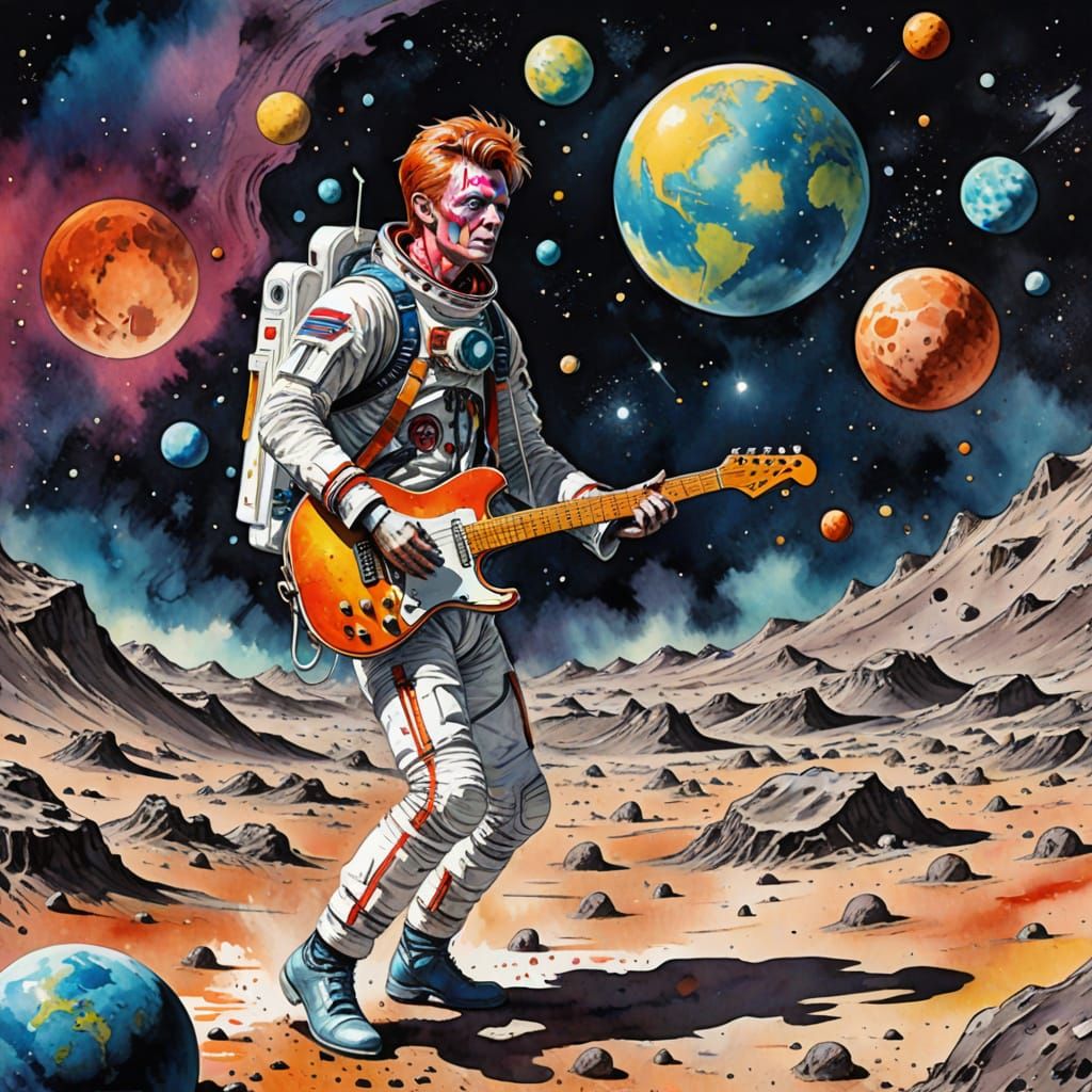 Astronaut Guitarist on Moon in Watercolor Style