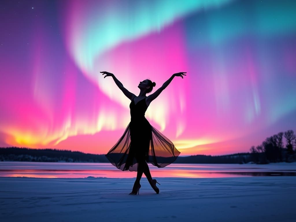 Ballerina Silhouette Dancing Under Aurora Borealis