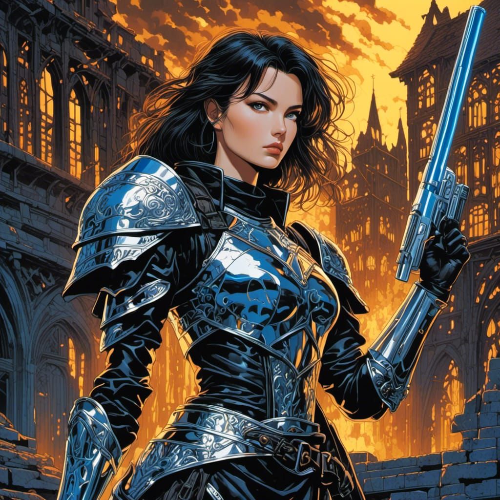 Armored Woman with Energy Gun in Ruined City