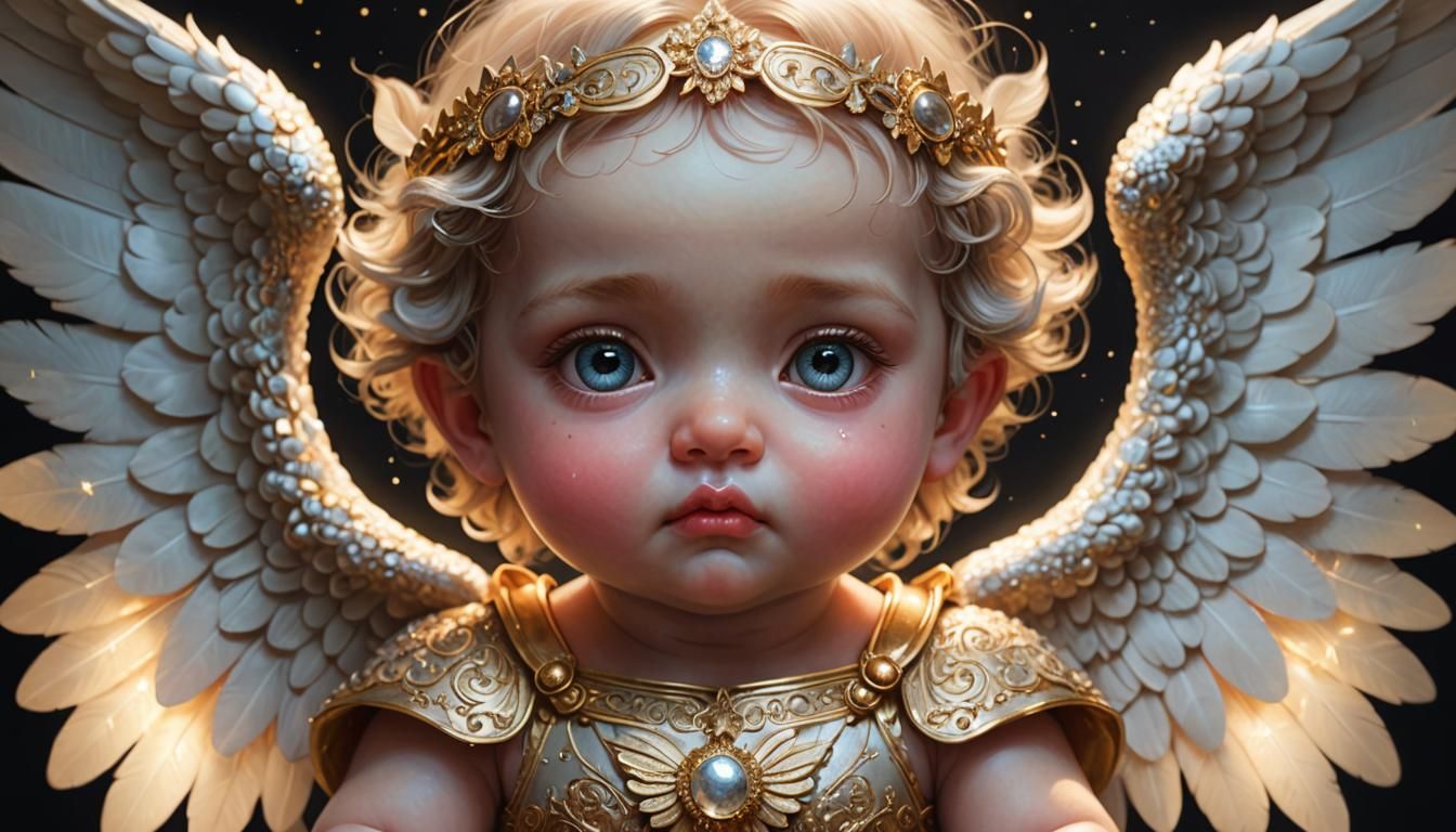 Winged Cherub with Large Eyes in 3D Style