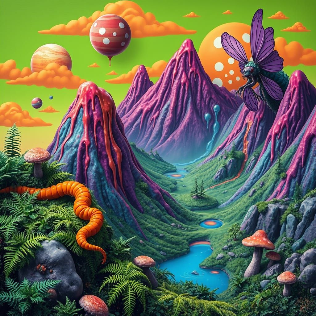 Alien Crayon Mountain Landscape with Pastel Sky