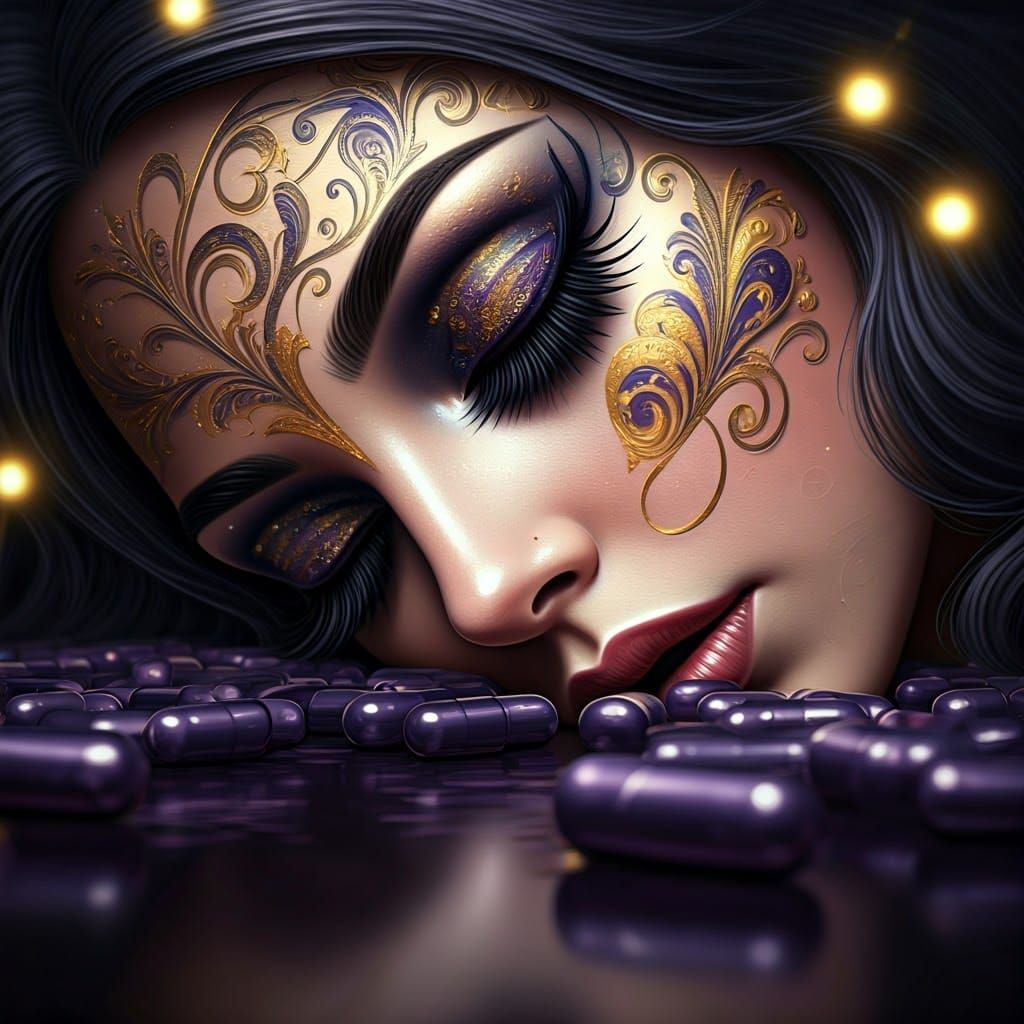 Glamorous Fairy Slumps Amidst Purple Pills