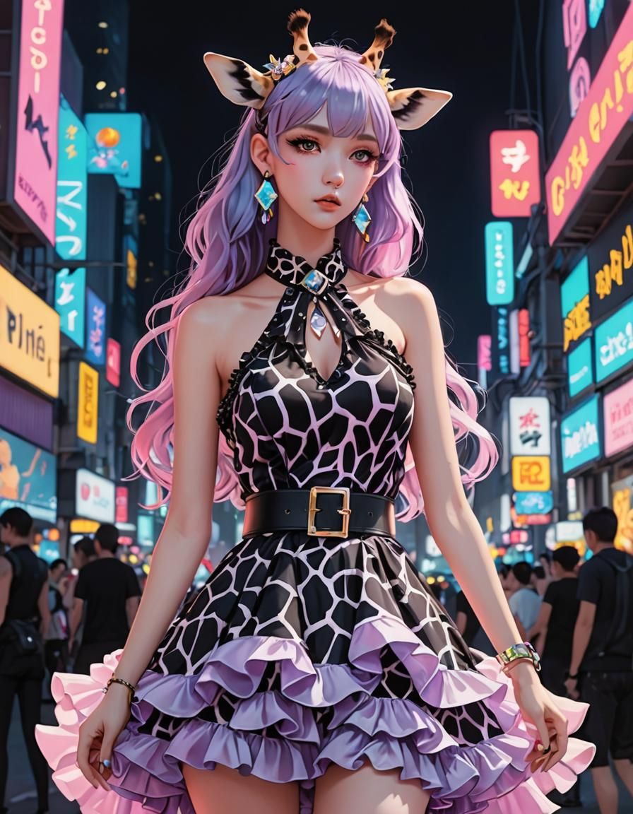 Pastel Goth Giraffe Dress in 3D Anime Style