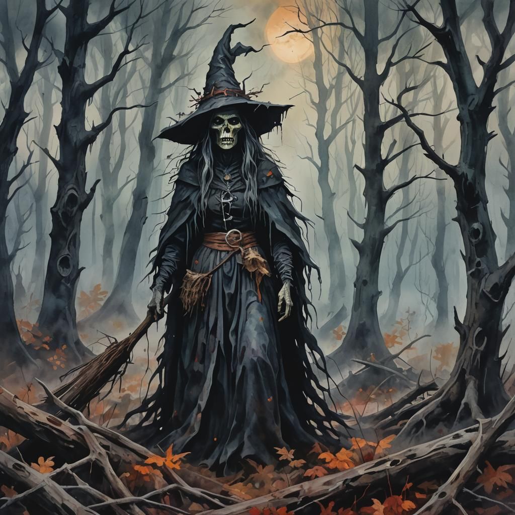 Dark Horror Forest Witch in Gouache Style