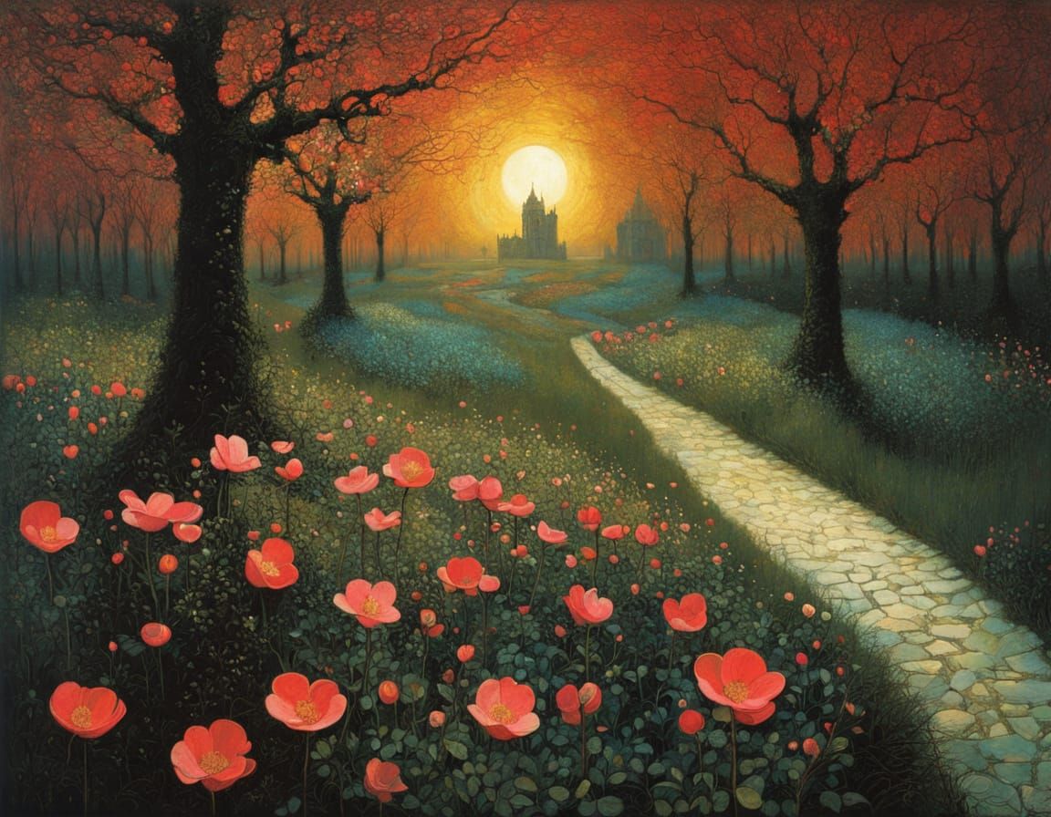 Intricate Apple Blossom Garden as Surrealist Painting