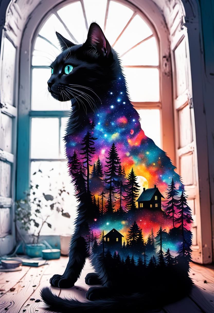 Surreal Kitten Collage Art with Galaxy Silhouette