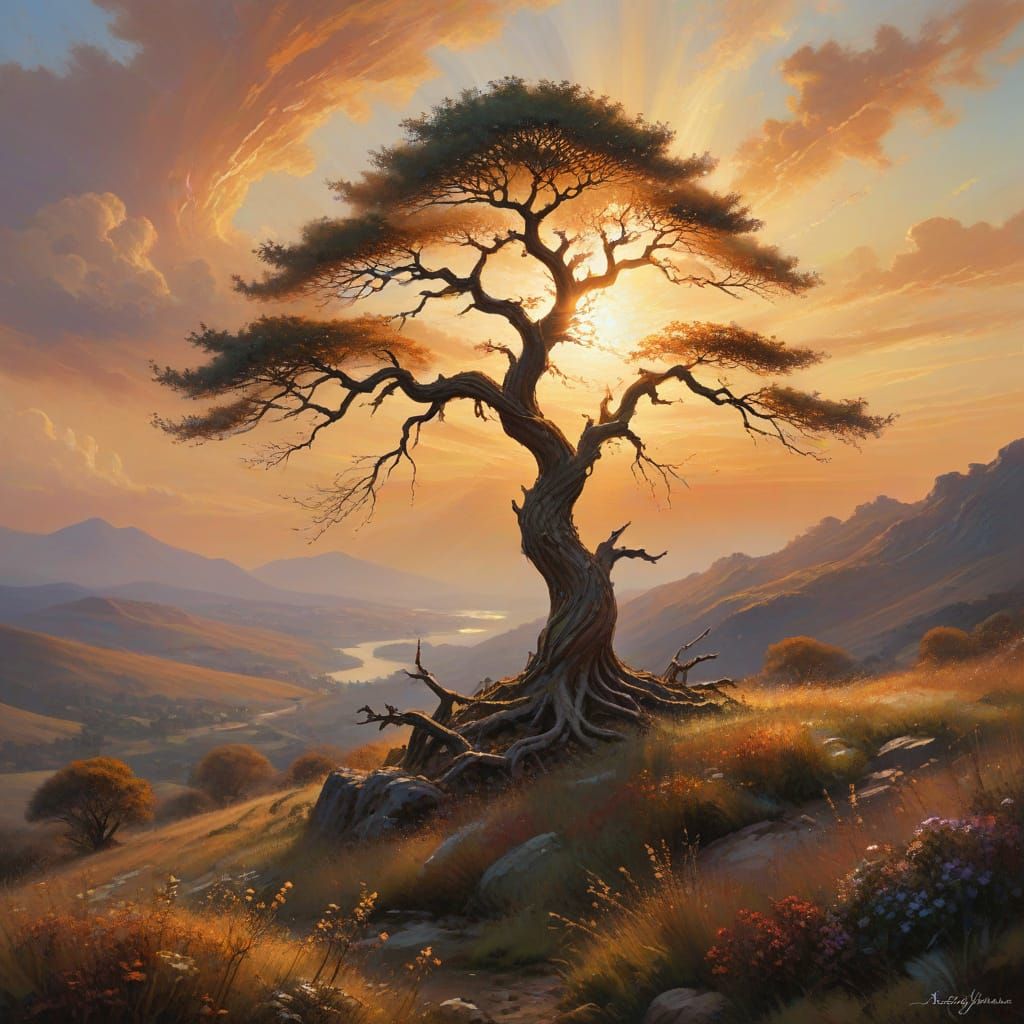 Majestic Ancient Tree at Sunset in Impressionistic Style