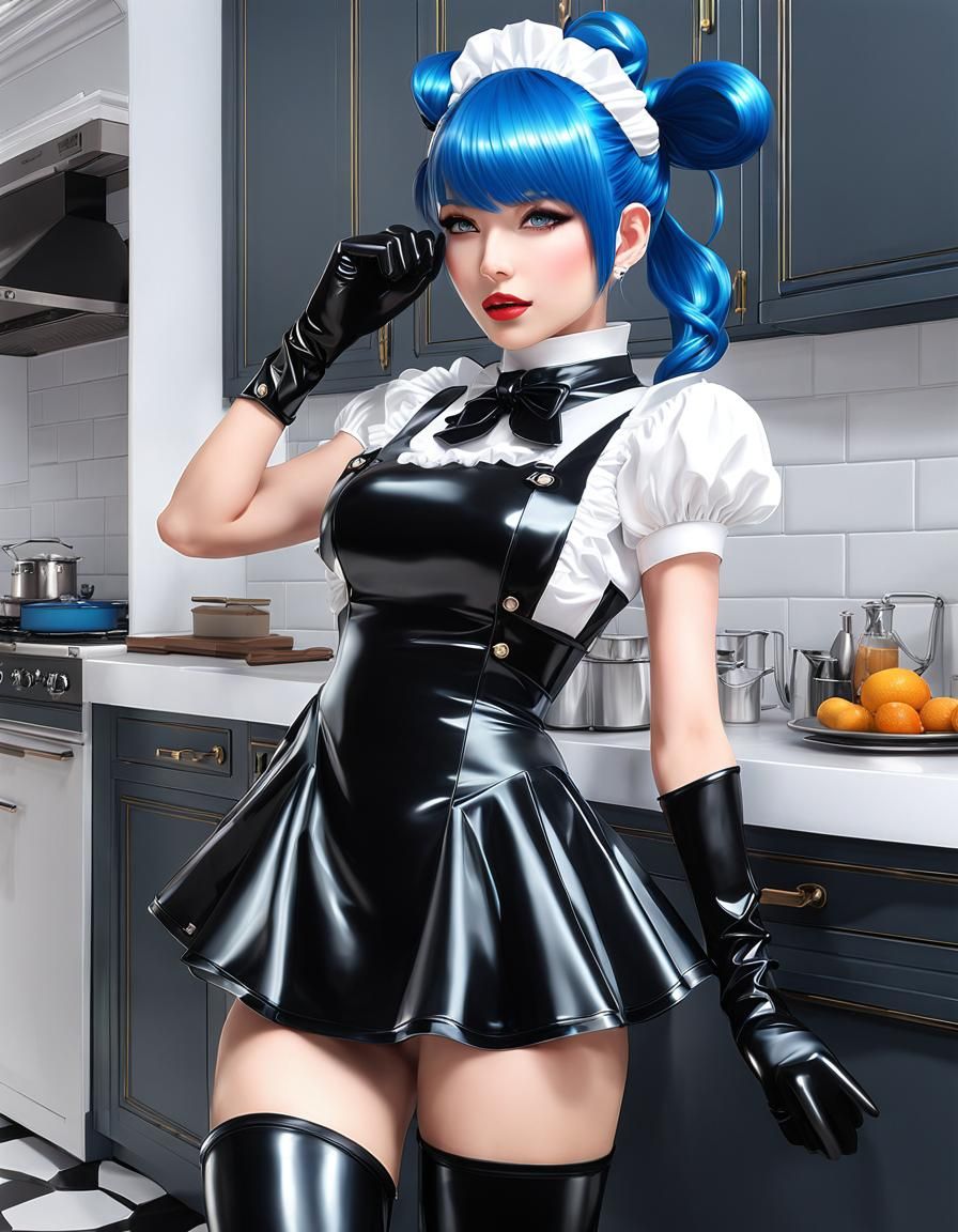 Anime Maid in Latex Dress in Kitchen