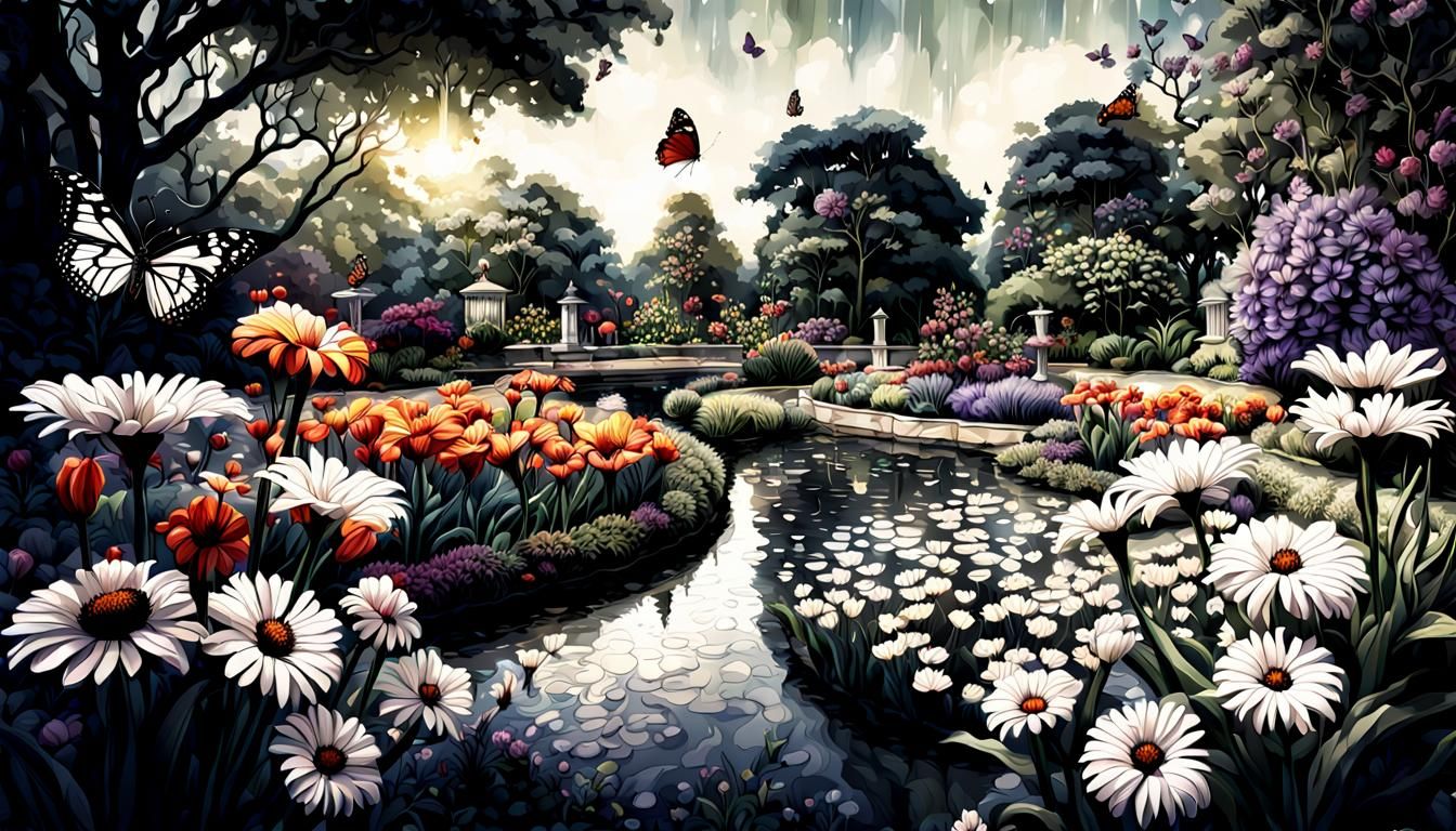 Botanical Garden Flowers and Butterflies in Hyperrealistic I...