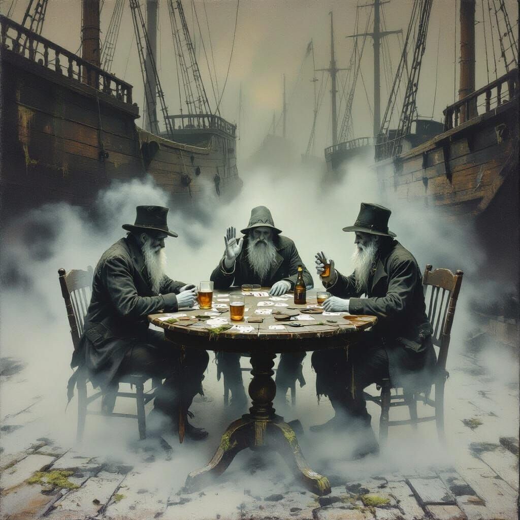 Ghostly Sailors Play Cards in Foggy Shipyard