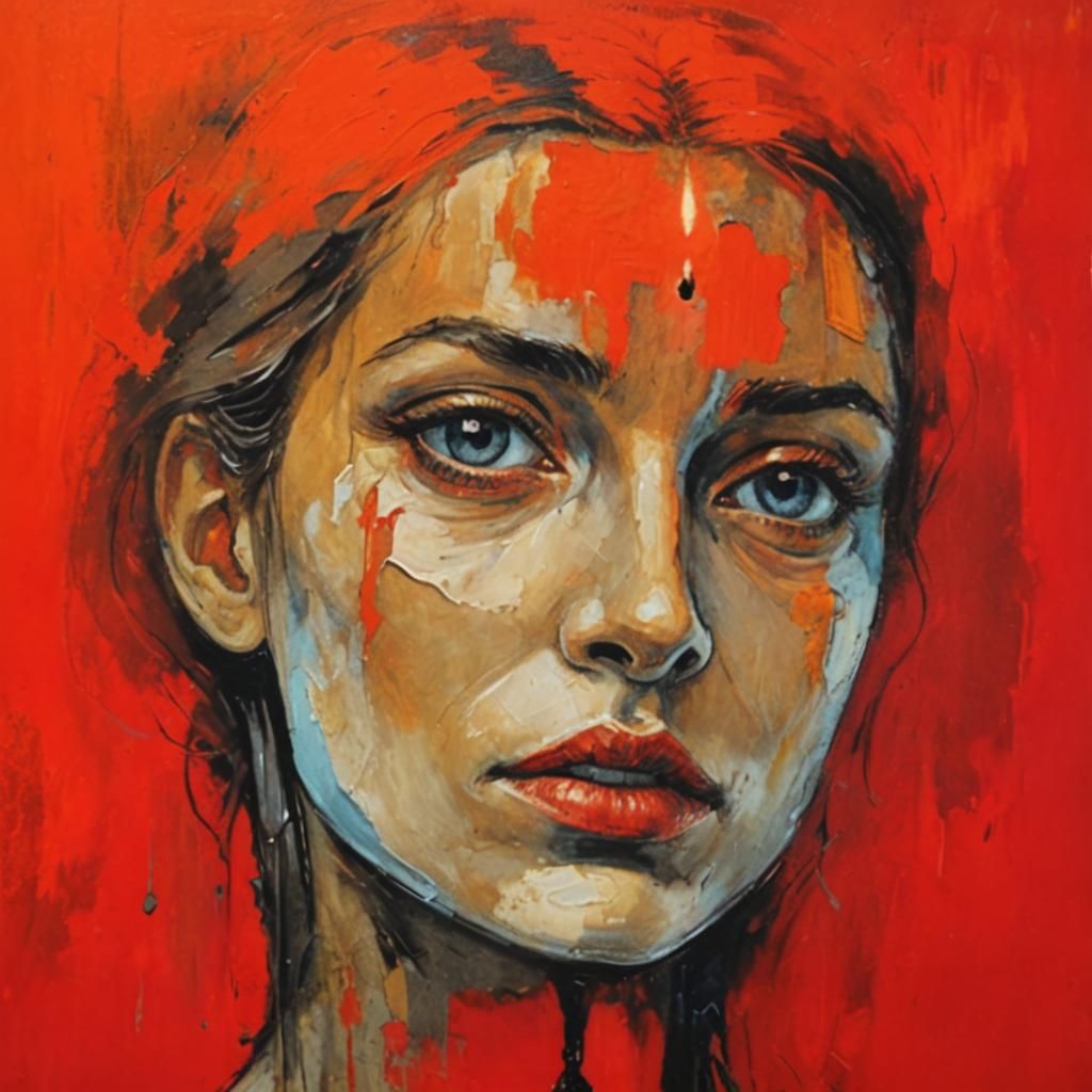 Gaunt-Eyed Girl in Dark Expressionist Acrylic Painting