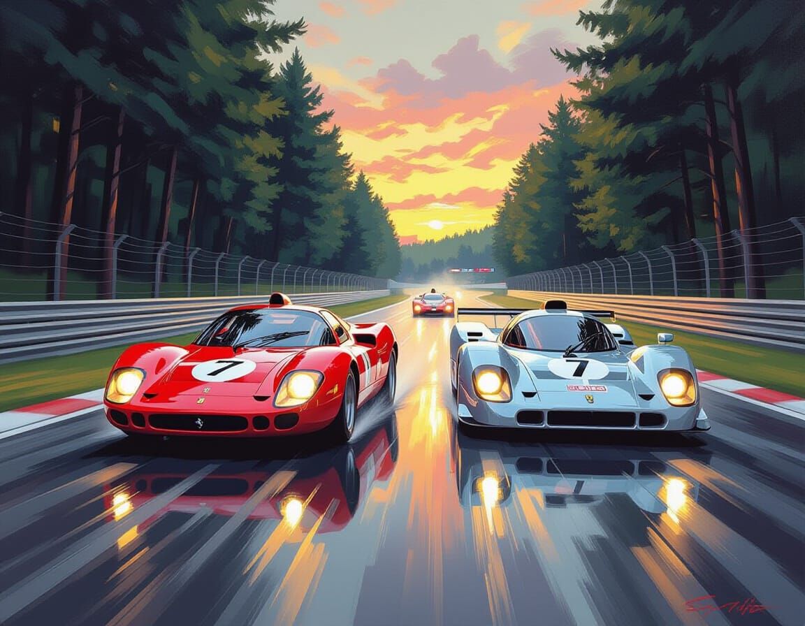 Ferrari and Porsche at Le Mans in Acrylic Style