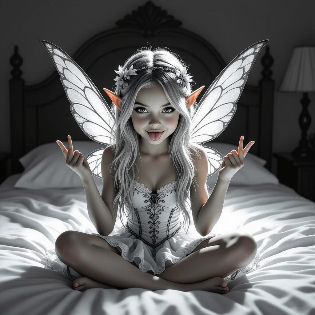 Cheeky Young Fairy with Tongue Out in Grayscale