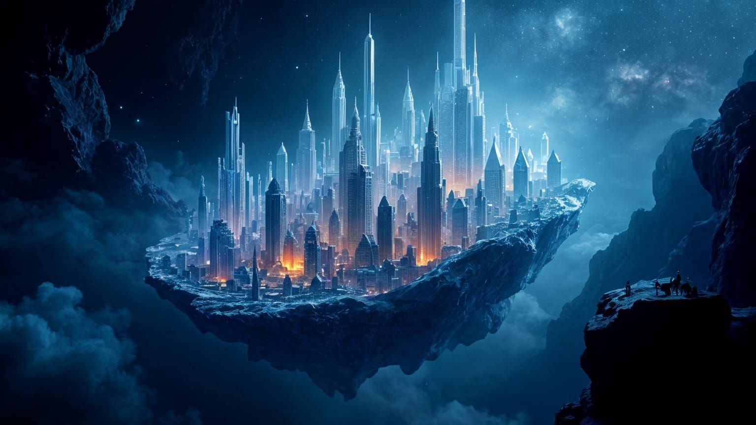 Crystal City Floating Through Space in Cell-Shaded Style