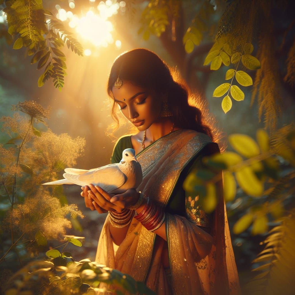 Woman and Dove in Golden Hour Sunlight